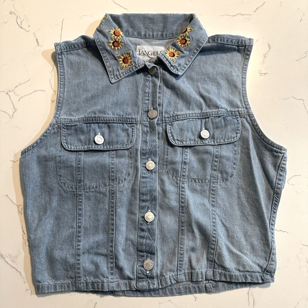 Tangibles Vintage Jean Vest Sunflower Embroidered Size Medium
